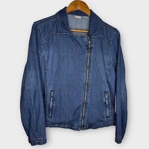 Chico’s Cotton Linen Blend Lightweight Denim Chambray Moto‎ Jacket Size 2 Large